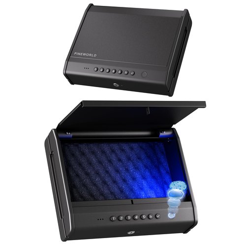 PINEWORLD Biometric Gun Safe For Handgun, Pistol Safe with Fingerprint/Backlit Keypad/Keys, 3 Quick Access Handgun Safe fits 2-3 Pistols, Gun Case with Interior LED Cable for Nightstand Car Large Size