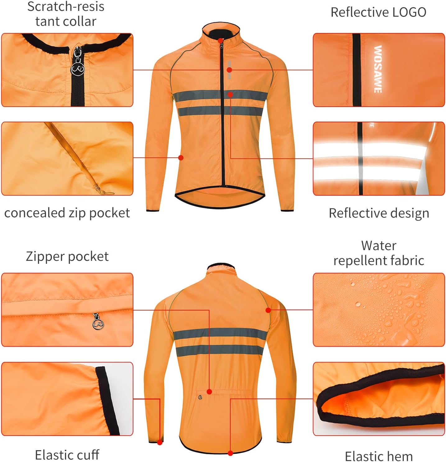 WOSAWE Men's High Visibility Cycling Wind Jacket Water Resistance Reflective Windbreaker