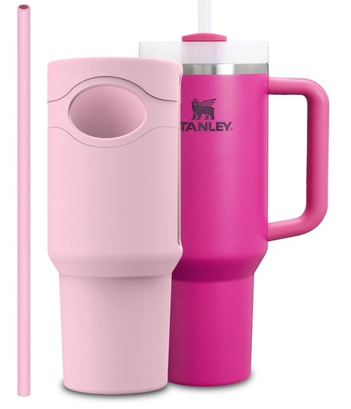 Silicone Boot for Stanley Cup 40 oz Tumbler Sleeve Accessories & Replacement 12” Straw Set Compatible for Stanley Case Quencher with Handle Full Body Protector Case (Pink)