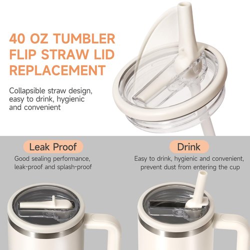 ANTAND 2 Pack Leakproof Lid Replacement 40 oz for Stanley Cup Accessories, Flip Straw Tumbler Leak Proof Lids for Stanley Quencher H2.0, Dust-Proof Straw Cover for stanley cups 40oz (Beige, Beige)