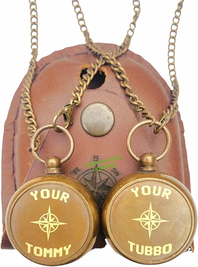 Antique Compass Your Tommy Your Tubbo Nautical Locket Compass Engraved Brass Compass with Leather Case Chain Compass (Both), Dark Brown