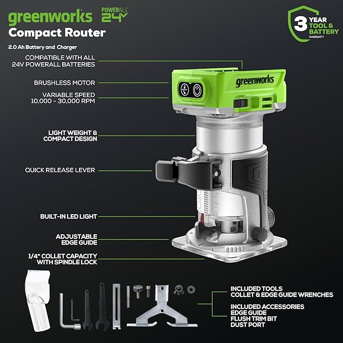Greenworks 24V Brushless 5 pcs Cordless Power Tool Combo Kit, include Drill Driver, Circular Saw, Jigsaw, Wood Router, Drywall Cut-out Tool, 2 x 2Ah Batteries and Charger