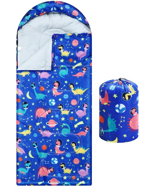 Camping Sleeping Bag for Kids 3 Season Warm Cool Cold Weather Waterproof Sleeping Sack for Boy Girl with Carry Bag Adult Travelling Outdoor Camping Gear Equipment(Space Dinosaur,Blue)