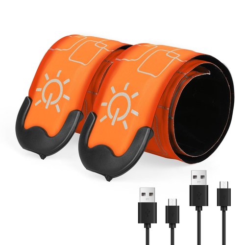 LED Armband Running USB Rechargeable - 2 Pack Safety Lights for Runners 3 Modes Running Gear Lights Adjustable High Visibility Waterproof Reflective Wristband for Night Running Walking (Orange)