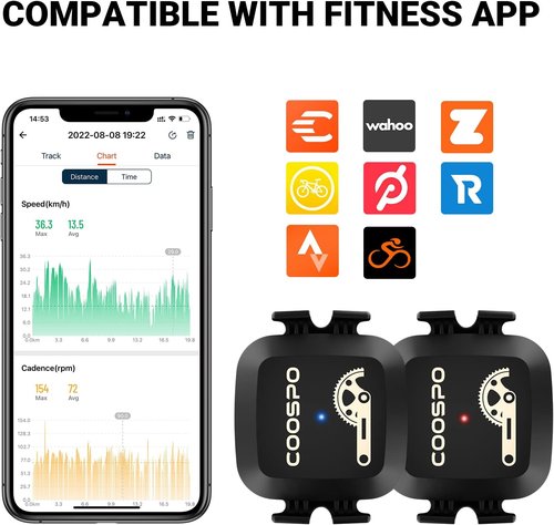 COOSPO Cadence & Speed Sensor for Cycling, Wireless Bluetooth & ANT+ Bike RPM Sensor for Cycling Computers, Compatible with IP67 / Rouvy / Zwift / Peloton / Wahoo / CooSporide