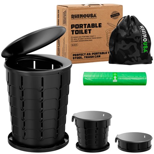 Rhino USA XL Portable Toilet for Camping (400lbs Capacity) Retractable Portable Toilet for Adults & Kids with Adjustable Height (4-16 Inches) Collapsible Portable Potty Camping Toilet for Camp/Car