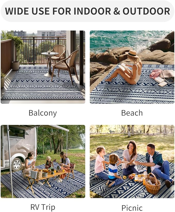 MontVoo Outdoor Rug 8x10 Waterproof Outdoor Patio Rug Mat Reverisble Plastic Straw Outdoor Rug for RV Camping Picnic Beach Balcony Boho Navy Blue