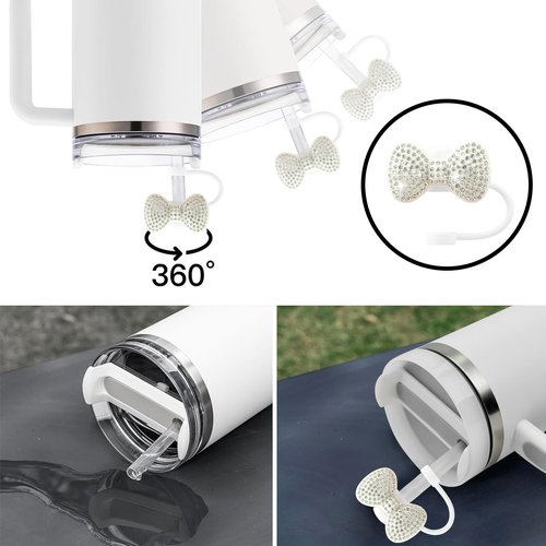 SEMATA 2PCS Cute Bow Straw Cover Cap for Stanley Cup Accessories,Bling Crystals Straw Toppers for Stanley Tumbler 40&30 oz,Rhinestone Reusable Straws Tips Protectors Compatible with 10mm Straws