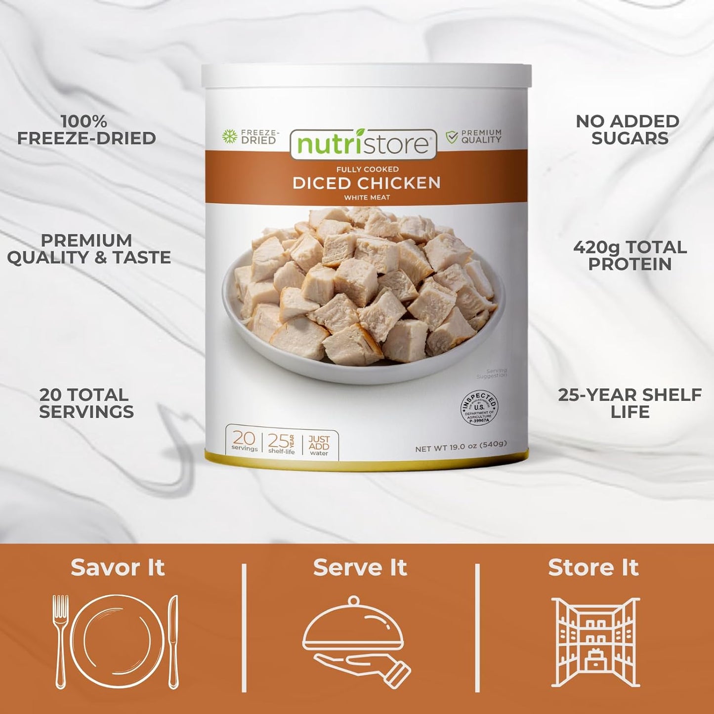 Nutristore Freeze Dried Chicken, Emergency Survival Bulk Food Storage, Premium Quality Meat, Perfect for Lightweight Backpacking or Home Meals, USDA Inspected