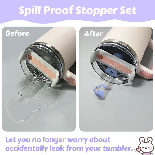 Cup Accessories Set For Stanley, Silicone Spill Stopper Set, Including 2 Cute Straw Cover Cap, 2 Square and Round Spill Stopper, 2 Cute Charms Chain (Purple)