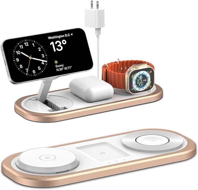 3 in 1 Wireless Charger for iPhone, Foldable Charging Station for Magsafe for iPhone 16/15/14/13/12/Pro Max/Pro/Mini/Plus, Apple Watch 10/9/8/7/SE/6/5/4/3/2/1/Ultra2/Ultra, AirPods pro/2/3/4 (Golden)