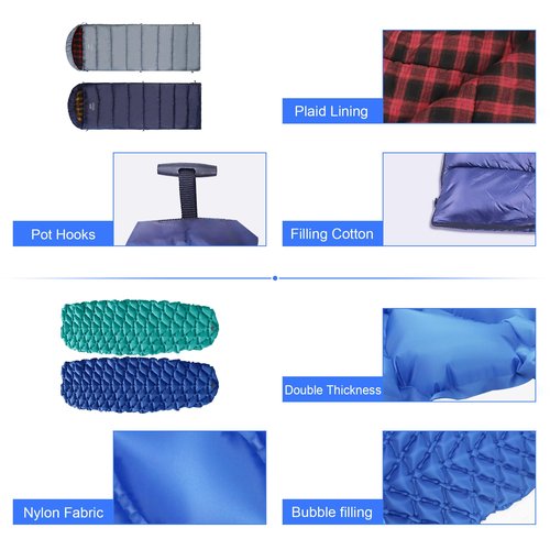 LANMOUNTAIN 9 Pcs Camping Set: Green Tent, 2 Sleeping Bags, 2 Sleeping Pads/Mats, 2 Single Hammocks With Tree Straps, 2 Lightweight Bed Blankets for Family Outdoor Activities