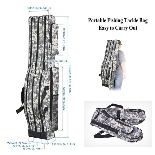 Srempeom 3 Layers Fishing Pole Bag,Portable 3 Layers Oxford Folding Rod Carry Case,Fishing Reel Tackle Storage Bag Case,120cm/47.2inch