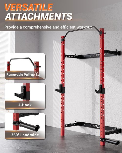 Folding Squat Rack Wall Mounted for Home Gym Garage, 1000 Pounds Capacity, 2.36" x 2.36" Power Rack with Pull Up Bar, J-Hooks and 360° Landmine