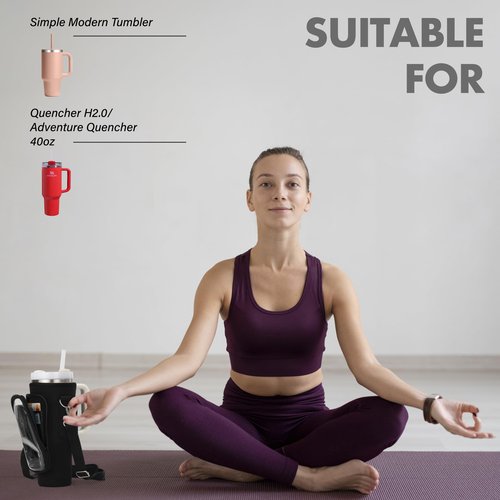 YMCSPECIALITY Water Bottle Holder with Strap - Neoprene Sleeve - Adjustable Shoulder and Hand Sling - Phone Pocket Glass Straw and Brush - 40 oz Stanley Cup Accessories (Black)