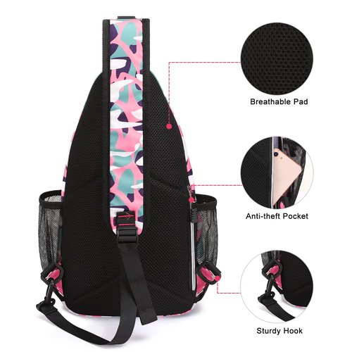 MOSISO Crossbody Sling Backpack, Portable Travel Hiking Daypack Chest Sling Bag Casual Daypack One Strap Chest Backpack for Women Men Outdoor Hiking Travel, Pink Camouflage Graffiti