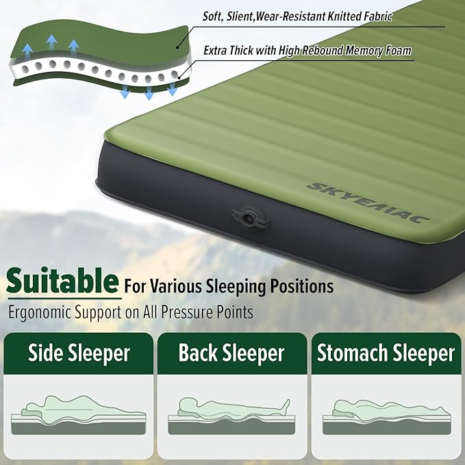 SKYEMAC 4" Thick Self Inflating Sleeping Pad with 13R Memory Foam, 78" x 29" Camping Mattress with Pump Sack, Portable Roll Up Bed, Inflatable Outdoor Mat for Rooftop Tent Car Truck Van, 4 Season