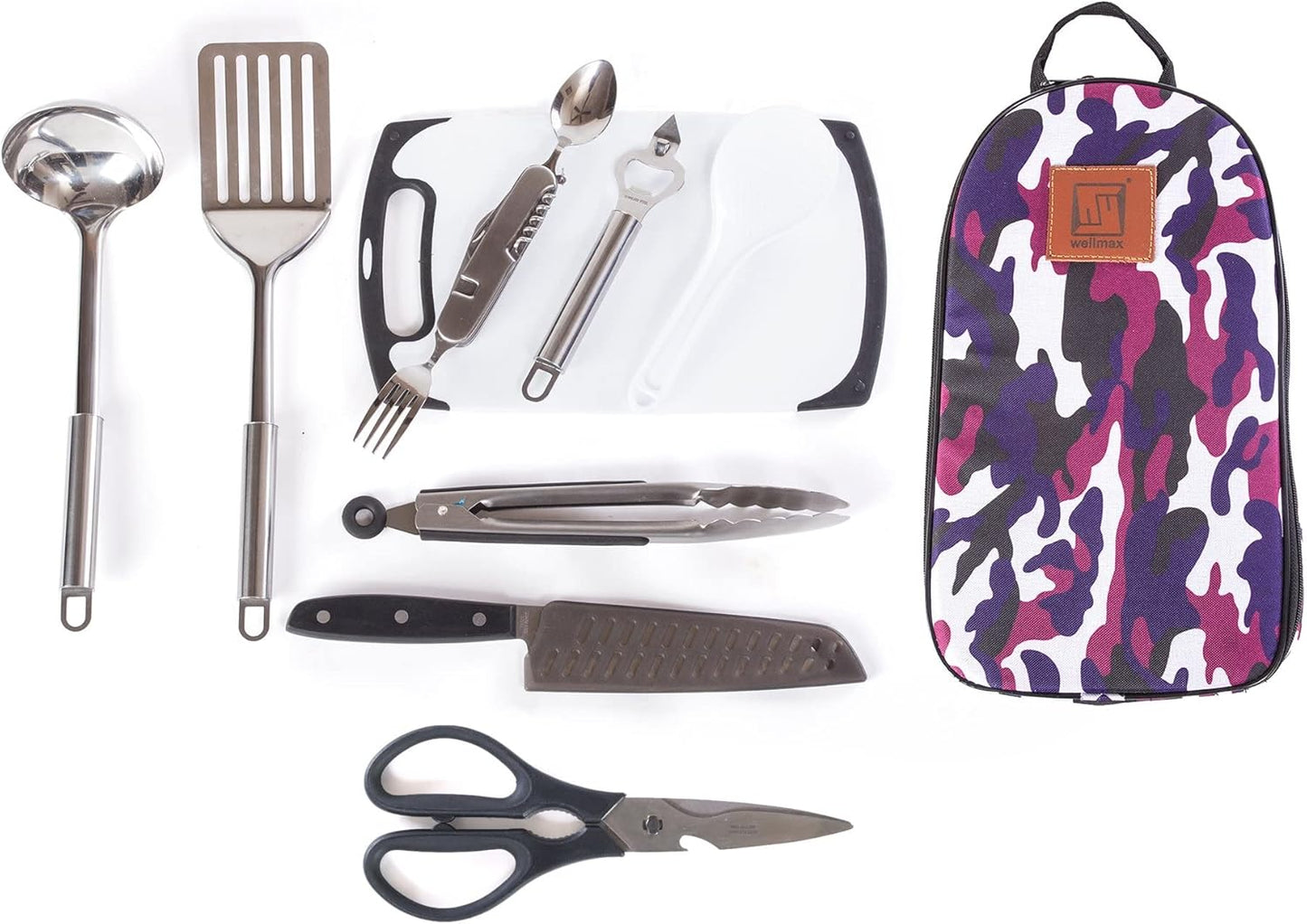 Wellmax 10-Piece Stainless Steel Camping Cooking Set – Compact All-in-One Cookware Kit with Utensils & Travel Bag for Campers, Hikers, Outdoor Adventures, Purple Camo Color