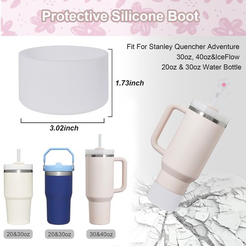 VirgoCCY Stanley Cup Accessories Set - Silicone Boot, Straw Cover, Bottle Strap, Charms for 40 & 30oz Tumbler, White