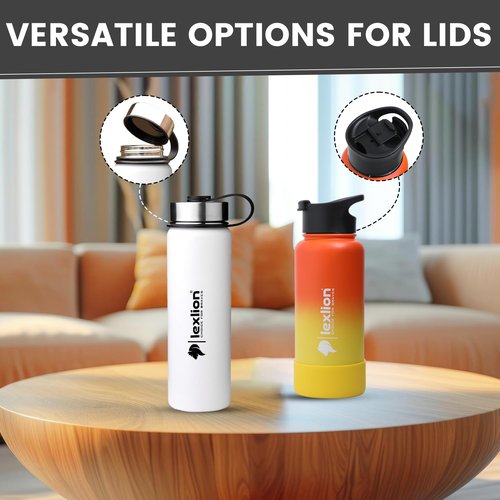 2 Water Bottle Lids W/Handle — Flip-Flop Lid & Stainless Steel Lid — Leak Proof & Insulated Gym Bottles Flip Lids for Wide Mouth Bottle — Compatible w/most Sports Water Bottle from 12-64 Oz