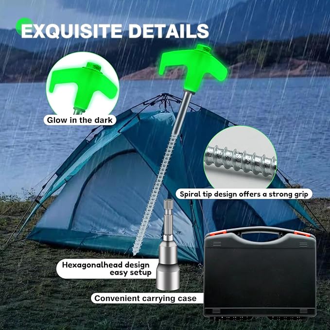 20Pcs 8" Glow in Tent Pegs Ground Stakes Heavy Duty Drill in Style Ground Anchor Peg Tent Spikes Metal Yard Stakes for Camping Patio Garden Awning Canopy Canopies Grassland (Hex Tool and Carry Case)