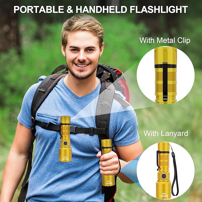 Flashlights High Lumens Rechargeable, 20000 Lumens Super Bright 1500 Meters Long Range Small Powerful Flashlight, 6 Modes LED Tactical Pocket Waterproof Flash Light for Home Emergency (1, Yellow Gold)