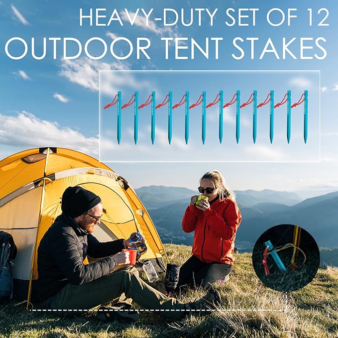 Gold Armour Tent Stakes - 12 Pack Heavy Duty, Lightweight, Camping Stakes Pegs for Outdoor Tent and Tarp, Essential Camping Gear Equipment Accessories (Blue)