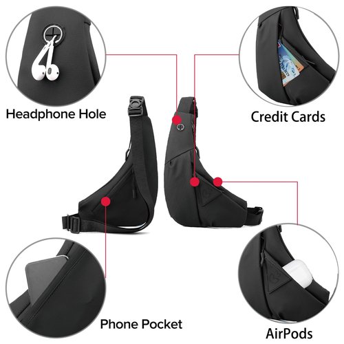 Small Sling Shoulder Crossbody Bag Men Women, Lightweight Anti-theft One Strap Casual Chest Bag Slim Backpack for Outdoor Walking Trip Hiking Biking Black