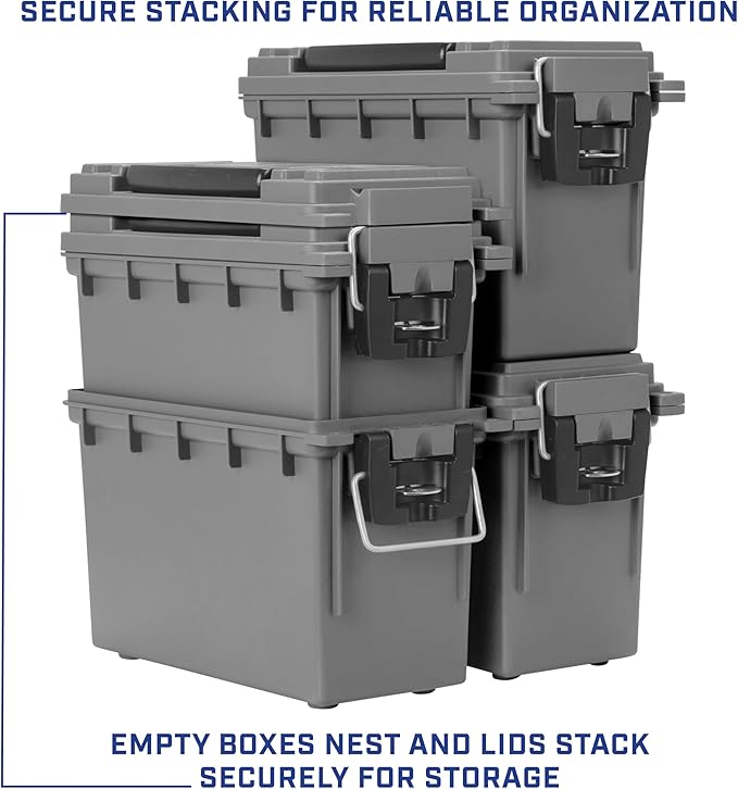 Sheffield 12792 2-Pack Ammo Storage Box, Stackable .30 Cal Field Boxes, Water and Dust Resistant, Lockable Storage Box with Handle, Secures Hunting Gear, Supplies, and Bullets, Made in The USA, Gray