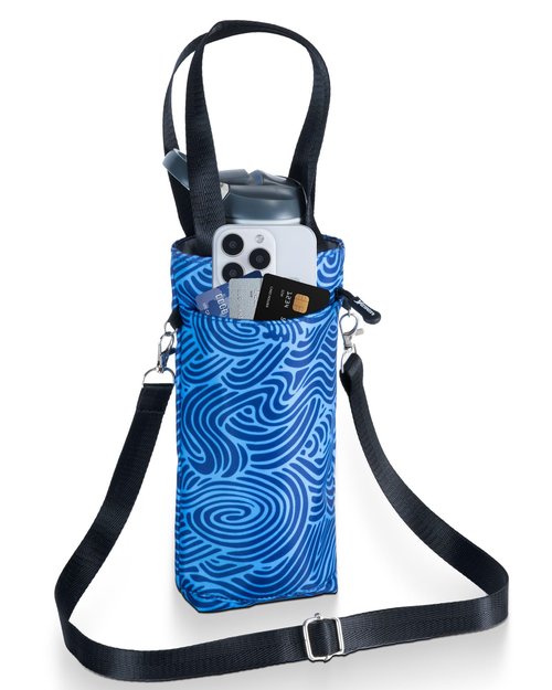 Water Bottle Holder Bag with Strap for Walking, Hiking Water Bottle Cross Body Carrier Sleeve Sling Pouch, 16/18/20/24oz Travel Essentials Beverage Container(Blue Wave)