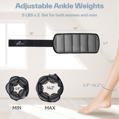 Sportneer Adjustable Ankle Weights for Women and Men：1 Pair 1 2 3 4 6 7 8 10 lbs Upgraded Easily Adjustable Leg Weight, Weighted Wrist Weight Strap for Gym, Fitness, Workout, Walking, Dancing