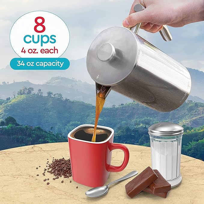 Belwares French Press Coffee Maker - 34 oz Double-Wall Insulated Coffee Press with 4-Level Filtration System, Stainless Steel 1 Liter - Perfect for Camping, Home, or Office