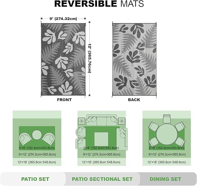 wikiwiki Outdoor Rug, 9x12ft Waterproof Reversible Mat Indoor Outdoor Rugs Carpet, Small Area Rug Plastic Straw Rug for Patio Deck Balcony Pool RV Camping Beach Picnic, Grey Leaves, Rugscape Series