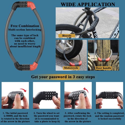 Cable Lock,4 ft Steel Security Cable with Alloy Combination Cable Lock,Heavy Duty Anti-Theft Chain Lock for Motorcycles,Bike,Gates,Outdoor Furniture - with Easy Locking-Mechanism
