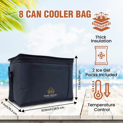 Outer Woods Insulated 8 Can Cooler Bag | Fits 8 x 500ml Beer Cans | Keep Drinks Cool for up to 10 Hours | Ideal for Carrying Beer, Soda, Juice, Milk and Water (Black)