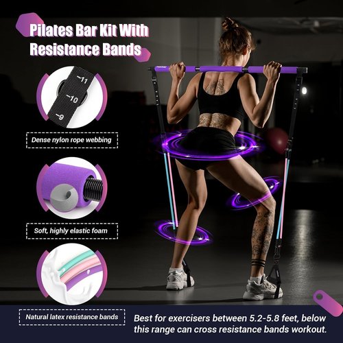 Pilates Bar Kit with Stackable Resistance Bands - Workout Equipment for Legs, Hip, Waist, Arms - Fitness Equipment for Women & Men Home Gym Yoga