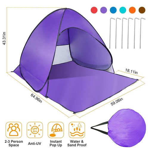 Pop Up Beach Tent, Anti UV Automatic Sun Shelter Umbrella, Portable Sun Shade Shelter for 2-3 People, Outdoor Instant Pop Up Beach Shade Tent with Carrying Bag, Purple