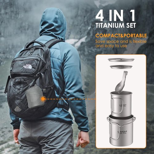 Lixada Titanium Camping Cookware with Folding Spork, 750ml Camping Titanium Pot & 450ml Coffee Mug with Foldable Handle & Lid, Portable Outdoor Camping Cookware Set for Backpacking Hiking Cooking