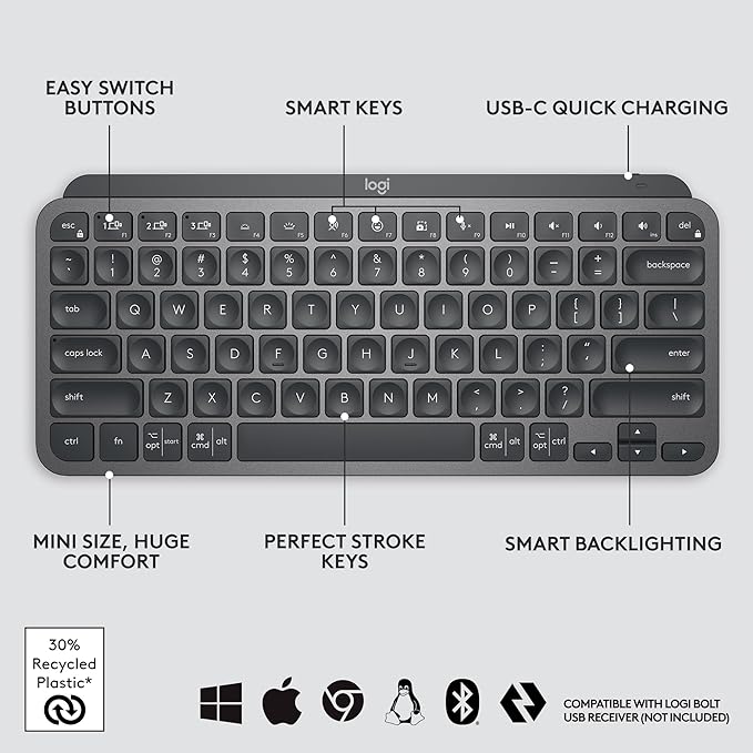 Logitech MX Keys Mini Minimalist Wireless Illuminated Keyboard, Compact, Bluetooth, Backlit, USB-C, Compatible with Apple macOS, iOS, Windows, Linux, Android, Metal Build - Graphite
