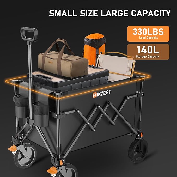 Collapsible Wagon Cart Foldable, 330lbs Load Capacity Heavy Duty Folding Wagons with Wheels, Utility All Terrain Wagon for Groceries, Garden, Sports, Shopping, Black