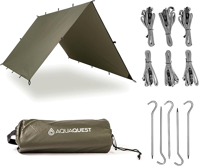 AquaQuest Safari Camping Tarp - Lightweight Durable Rain Fly - Waterproof Camping Essentials for Hiking, Backpacking & Hammock, 10 x 10 ft, Olive Drab Kit