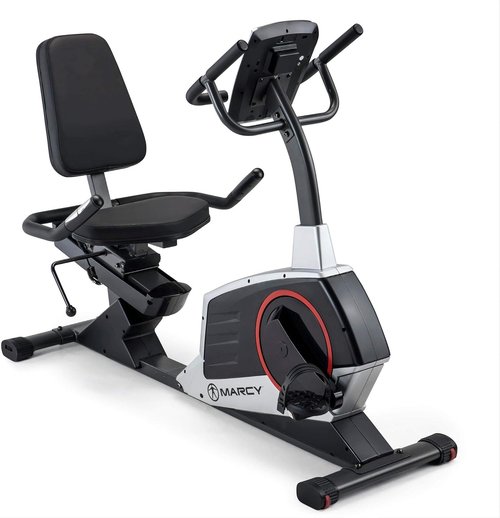 Marcy Regenerating Recumbent Exercise Bike with Adjustable Seat, Pulse Monitor and Transport Wheels ME-706
