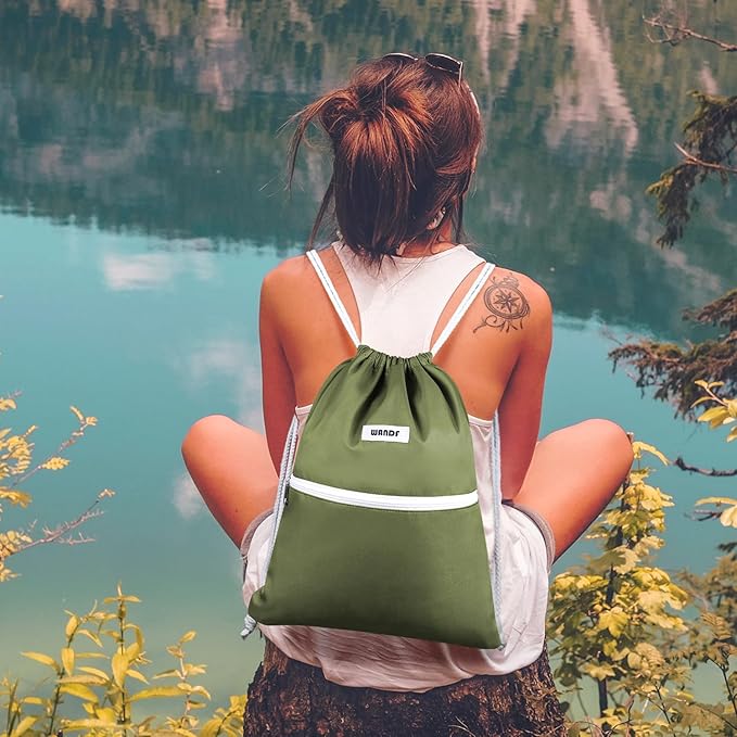 WANDF Drawstring Backpack String Bag Sackpack Cinch Water Resistant Nylon for Sport Yoga Gym Shopping (Dark Green)