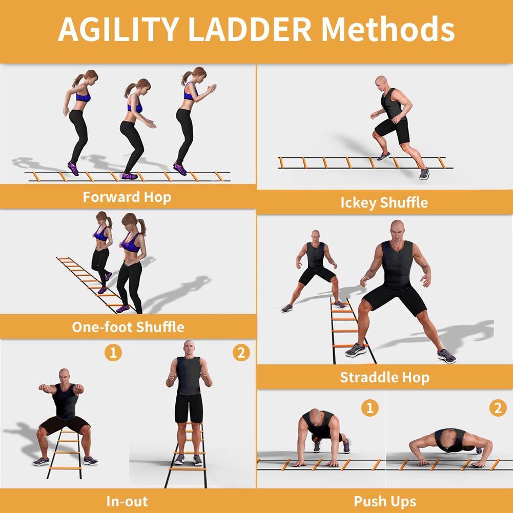 YISSVIC Agility Ladder and Cones 20 Feet 12 Adjustable Rungs Fitness Speed Training Equipment,1 Carry Bags, 10 Cones, 4 Stakes, Basketball, Soccer
