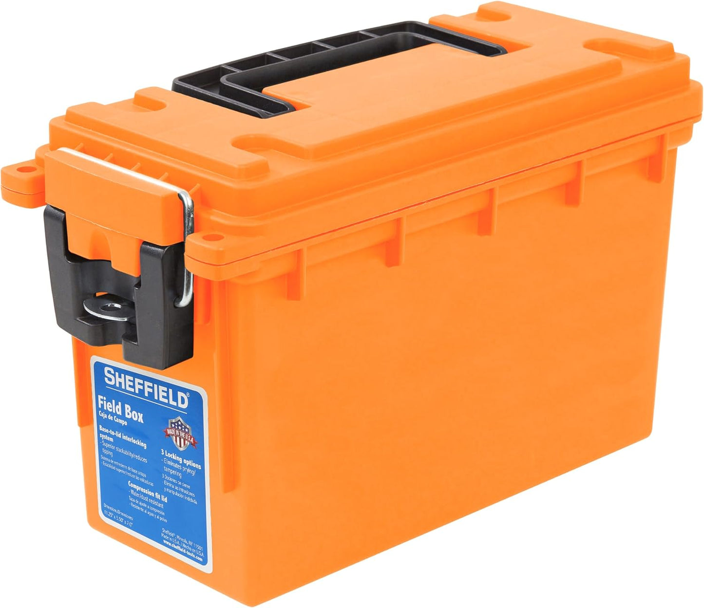 Sheffield 12629 Ammo Storage Box, Stackable .30 Cal Field Boxes, Water and Dust Resistant, Lockable Storage Box with Handle, Secures Hunting Gear, Supplies, and Bullets, Made in USA, Black, 1-Pack