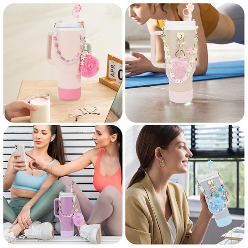 7Pcs Accessories Set for Stanley Cup 40 oz 30 oz, Water Bottle Handle Strap, Siliocne Cup Boot, Flower Straw Cover, Charms for Stanley - Light Pink