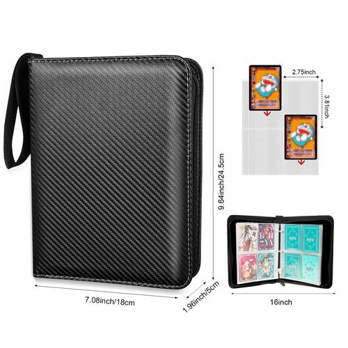 Collectible Trading Card Albums,4 Pocket Card Binder, 400 Double Sided Pocket PU Premium Zip Trading Collection Binder, Card Folder forTCG, Sports Cards (Black)