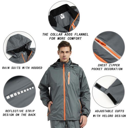JAEZZIY Rain Suits for Men Women Waterproof Lightweight Hooded Breathable Rain Gear Raincoat for Fishing Hiking Cycling (Grey L)