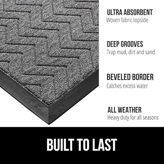 GORILLA GRIP 100% Waterproof All-Season WeatherMax Doormat, 23x35, Durable Natural Rubber, Stain and Fade Resistant, Low Profile, Indoor Outdoor Doormats, Easy Clean Patio Entrance Mat, Steel Chevron