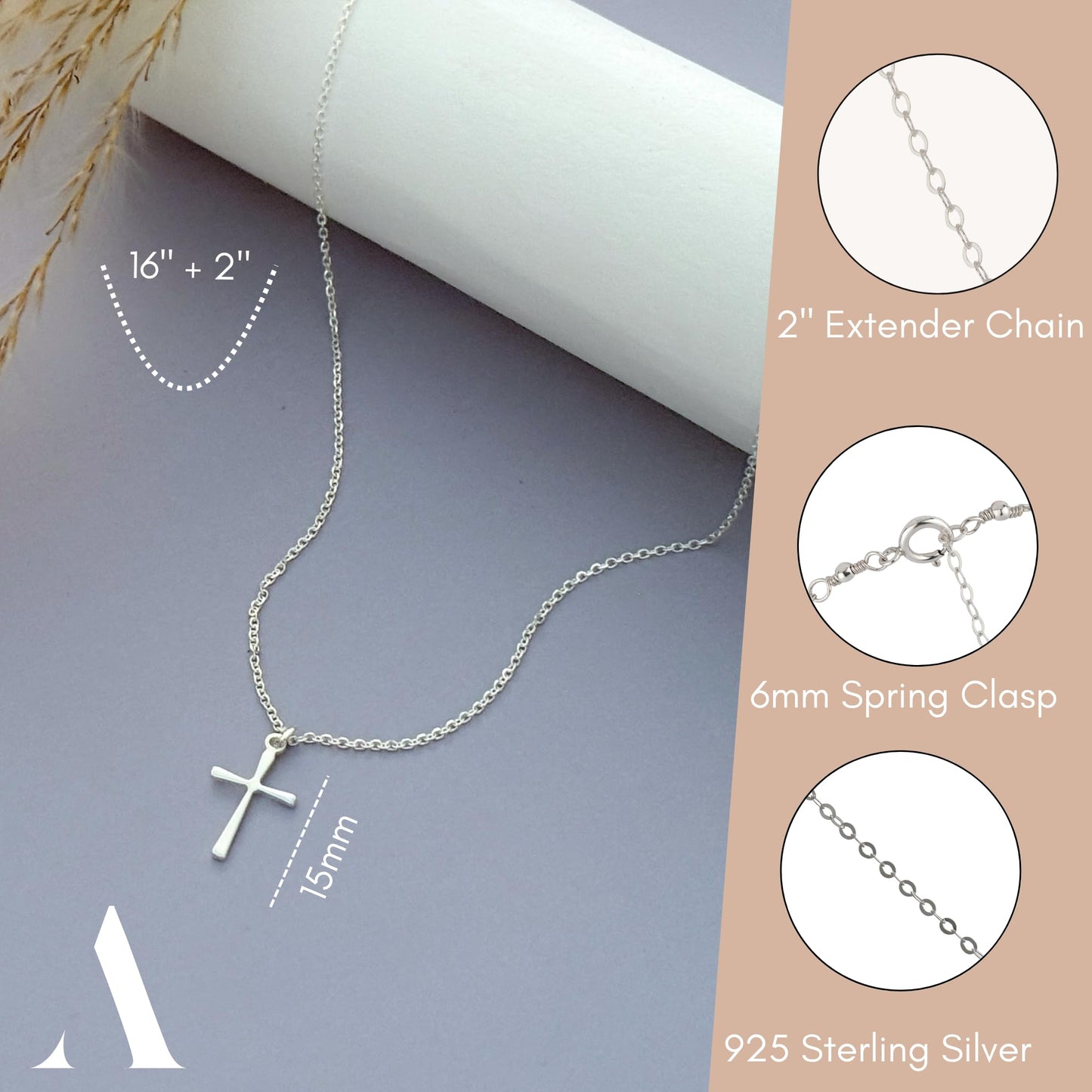 Annika Bella Small Cross Necklace, 925 Sterling Silver Faith Jewelry, Religious Tiny Pendant Charm Necklaces, Gift for Her (Silver)
